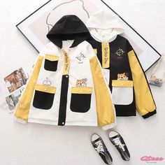 Qteee - Colorblock Hooded Coat with Puppy Print and Convenient Pockets School Cotton Patchwork Outerwear, Patchwork Cotton Outerwear For School, School Patchwork Cotton Outerwear, White Patchwork Hoodie Outerwear, Trendy White Cotton Hooded Jacket, White Color Block Hooded Hoodie, White Hooded Outerwear With Contrast Color, White Hooded Patchwork Outerwear, White Patchwork Hooded Outerwear