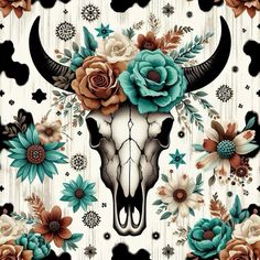 a cow skull with flowers on it's head is surrounded by black and white wallpaper