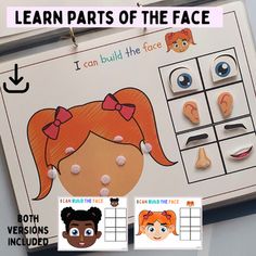 a clipboard with pictures of faces and words on it that says learn parts of the face