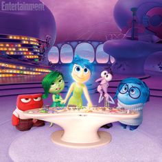 cartoon characters are gathered around a table in the middle of a room with lights on