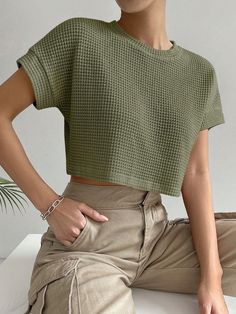 Knit Crop, Casual Summer Outfits, Green Fashion, Waffle Knit, Outfits Casuales, Cute Casual Outfits, Cute Tops, Aesthetic Clothes, Pretty Outfits