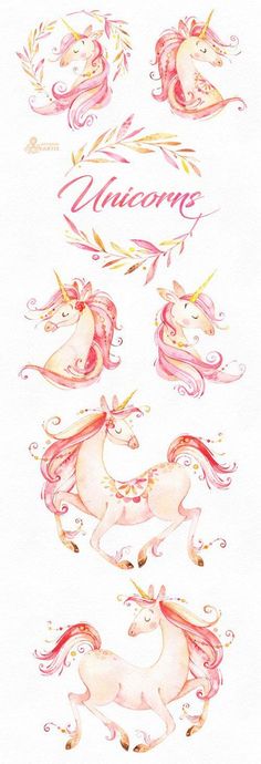 watercolor unicorns are shown in different positions and colors, with the words unique above them