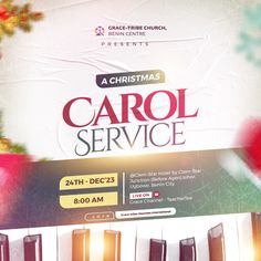 a christmas carol service poster with piano keys on it's front and back cover