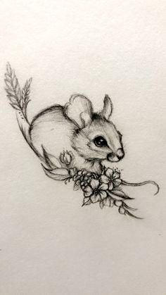 a pencil drawing of a mouse sitting on top of a leafy branch with flowers