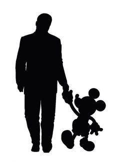 a man holding the hand of a mickey mouse silhouetted against a white background,