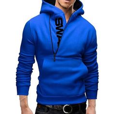 Long Sleeve Pocket Front Side Half Zip Up Hoodie ($11) ❤ liked on Polyvore featuring men's fashion, men's clothing, men's hoodies, mens hoodies and mens sweatshirts and hoodies Mens Fleece Hoodie, Mens Hoodie, Mens Cardigan, Solid Clothes, Long Hoodie, Slim Fit Men, Pullover Sweatshirts, Casual Sweatshirt