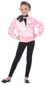 Pink Satin Ladies Child Costume - 358256 | trendyhalloween.com #girlscostumes Pink Lady Costume, 50s Outfit, Grease Costume, Pink Ladies Jacket, 50s Costume, 1950s Girls, Grease Costumes, 50s Outfits, Kids Costumes Girls