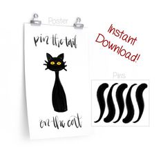 a black cat with yellow eyes is on a poster and next to it's instructions