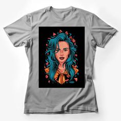 Women's Artistic T-Shirt, Turquoise Hair Illustration, Freckles, Floral Details Female T-Shirt Custom graphic T-Shirt.Customize your color Unisex Style Outfits, Unisex Shirt Design, Colour Blocking Fashion, Hair Illustration, Mens Tees Fashion, Turquoise Hair, Graphic Print Top, Trendy Shirt Designs, Cat Graphic Tee