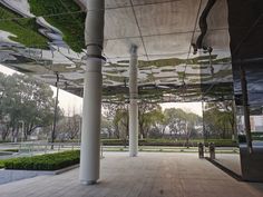 the interior of an empty building with lots of green plants