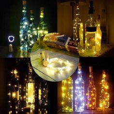 several bottles with lights in them sitting on a table next to wine bottles and an empty bottle