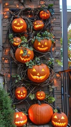 pumpkins are growing up the side of a building