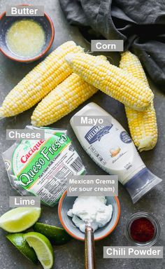 ingredients needed to make corn on the cob with butter, sour cream, mayonnaise and lime