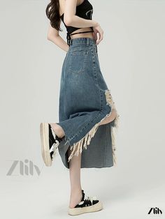 Zlily - Vintage-Inspired Asymmetric Tea Skirt with Raw Hem Detail and Distressed Finish, featuring Slash Pockets - Womens Denim Jeans & Apparel Denim Blue Bottoms With Asymmetrical Hem For Summer, Trendy Asymmetrical Hem Denim Skirt For Summer, Edgy High Rise Summer Skirt, Spring Denim Blue Asymmetrical Bottoms, Summer Denim Skirt With Asymmetrical Hem, Denim Skirt With Asymmetrical Hem For Summer, Trendy Bottoms With Asymmetrical Frayed Hem, Spring Denim Blue Skirt With Asymmetrical Hem, Asymmetrical Cotton Denim Skirt For Spring