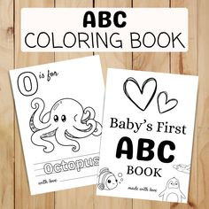 two baby's first abc book coloring pages with an octopus and heart on them