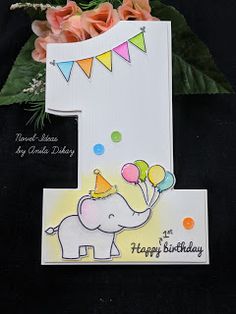 a birthday card with an elephant holding balloons and a number one on it's side