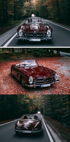 two pictures of an old car driving down the road with leaves on the ground and trees in the background