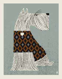 a drawing of a dog with a sweater on it's chest, sitting in front of