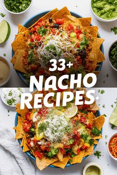 three nachos on a plate with salsa and guacamole