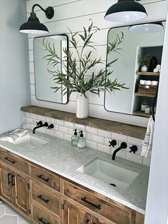 a bathroom vanity with two sinks and a large mirror above it, along with a potted plant on the counter