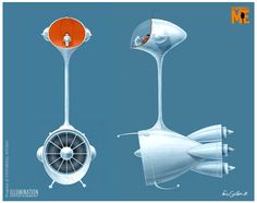 three different types of air fans in various stages of development, including one with an orange top and the other white bottom