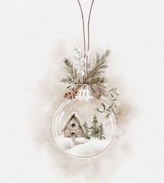 a glass ornament with a house and trees in it on a white background