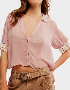 Free People My Love Blouse. V-Neckline. Button Front. Lace Detail On Collar And Cuff. 100% Rayon. Imported. Chino Pants Women, Wwe T Shirts, Girls Graphic Tee, Lovely Tops, Girls Blouse, Lace Collar, Puff Sleeve Top, Guess Jeans, Knitted Tank Top