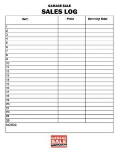 garage sale log is shown in the form of a sales sheet, with numbers and price tags