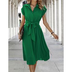 Green Button Lapel Pocket Midi Dress with Tie Tie Women, Green Button, Dress With Tie, Midi Dresses, Women Dresses, Dresses Midi, Midi Dress, Green, Dresses