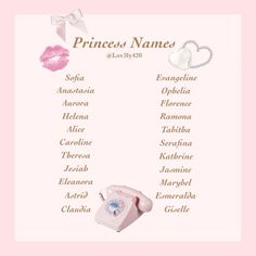 the princess name list is displayed on a pink background with two hearts and a phone