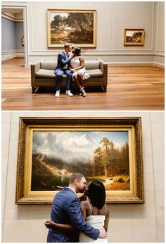 two people sitting on a couch in front of a painting and another man kissing the woman's forehead