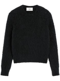 black alpaca mohair-blend brushed effect crew neck long sleeves Black Mohair Sweater, Black Alpaca Sweater For Fall, Black Mohair Crew Neck Sweater, Fall Black Alpaca Sweater, Black Mohair Long Sleeve Sweater, Black Long Sleeve Mohair Sweater, Soft Mohair Crew Neck Sweater, Soft Texture Mohair Crew Neck Sweater, Black Mohair Sweater For Fall