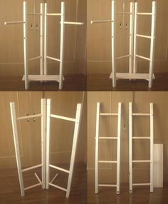 four different pictures of the same white wooden shelf with ladders on each one side