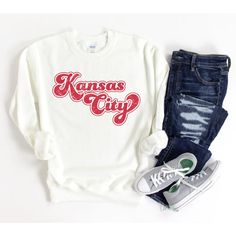 Kansas City Sweatshirt KC Sweatshirts Cute Kansas City - Etsy Pop Culture Sweatshirt With Letter Print For Fans, Pop Culture Letter Print Sweatshirt For Fans, Pop Culture Letter Print Sweatshirt Fan Merchandise, Pop Culture Long Sleeve Tops With Letter Print, Fan Merchandise Lettering Tops For Fall, Fall Lettering Tops As Fan Merchandise, Trendy Cotton Sweatshirt For Fan Merchandise, Cotton Fan Apparel Sweatshirt With Text Print, Pop Culture Letter Print Sweatshirt In Relaxed Fit