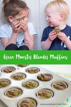 two young children are eating muffins in a muffin tin with the words green monster's blend muffins