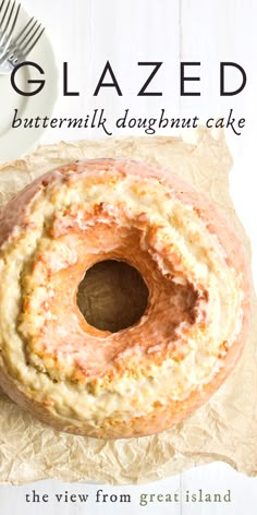 A glazed old fashioned doughnut bundt cake on parchment paper Old Fashioned Doughnut Cake, Bundt Pan Cake Recipes, Glazed Buttermilk Donut Cake, Buttermilk Doughnut Cake, Bundt Pan Coffee Cake Recipes, Bundt Pan Recipes Breakfast, Old Fashioned Bundt Cake, Bundt Pan Coffee Cake, Vintage Bundt Cake Recipes