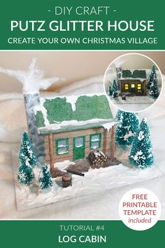 the front cover of a christmas village with snow on it and a green house surrounded by trees