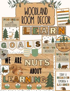 woodland room decor with words and pictures to describe the animals in their habitat, including trees