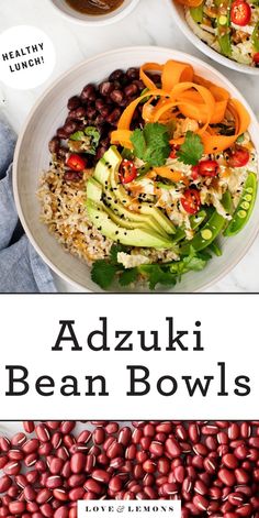 two bowls filled with beans and vegetables next to the words adzuki bean bowls