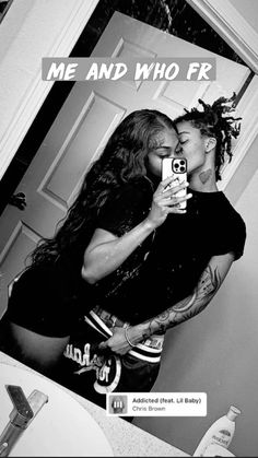 two people kissing in front of a mirror with the caption me and who f r