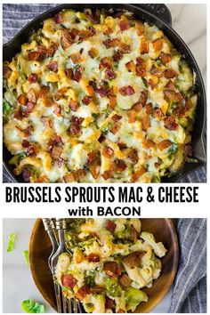 broccoli sprouts mac and cheese with bacon in a cast iron skillet