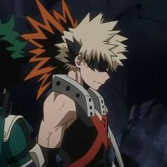 two anime characters standing next to each other in front of a dark background, one with orange and green hair