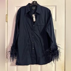 Brand New With Tags And Includes Extra Buttons. Feather Trim Is Not Removable Chic Spring Tops With Feather Trim, Winter Long Sleeve Outerwear With Feather Trim, Feather Cuff Shirt Outfit, Shirt With Feather Trim, Feather Cuff, Pinstripe Long-sleeved Shirt With Button Closure, Button Up Top, Feather Trim, Cotton Poplin