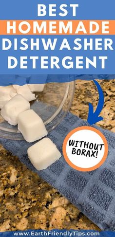 the best homemade dishwasher detergent is in a glass bowl on top of a granite counter