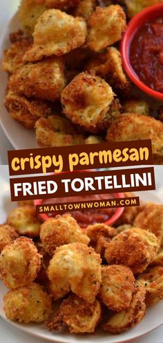 Planning on tailgating? Here's a football recipe featuring cheese tortellini! It's easy to prep. Served with marinara sauce, this crispy parmesan fried tortellini is the perfect game day food idea! Fried Tortellini, New Year's Eve Food, Super Bowl Party Food Ideas, Cheese Tortellini Recipes, Super Bowl Party Food, Tortellini Recipe, Homemade Recipe Books, New Years Eve Food