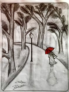 a drawing of a woman with an umbrella walking down a street in the rain,