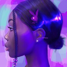 a digital painting of a woman's profile with purple hair and butterflies on her ear