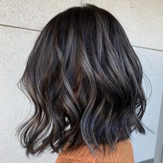 Gray And Silver Highlights, Silver Highlights On Brown Hair, Black Hair With Grey Highlights, Gray Highlights Brown Hair, Brown And Black Hair, Brown Hair With Silver Highlights, Brown Bob Haircut, Curly Hair Dos, Brown Bob Hair