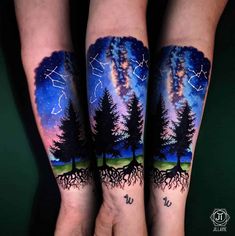 three tattoos with trees and stars on them