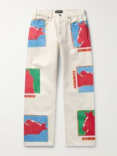 CHERRY LA Straight-Leg Logo-Print Jeans for Men | MR PORTER Cherry Los Angeles, La Outfits, White Jeans Outfit, Creative Clothes, Guys Clothing Styles, Mens Outfit Inspiration, Painted Clothes, Mens Fashion Casual Outfits, Jeans For Men